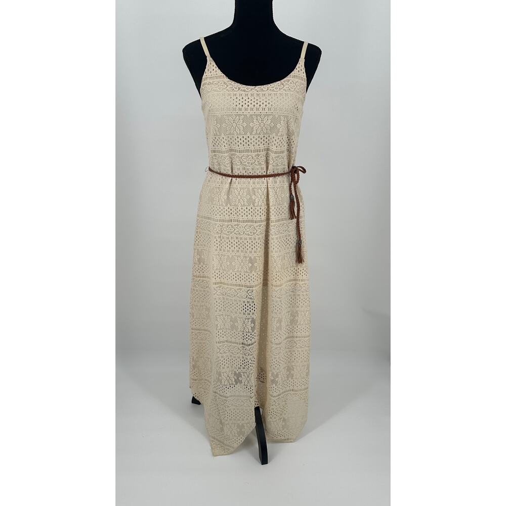 No Boundaries Women Boho Crochet Lace Maxi Slip Dress Sz M Beige Brown Belt NWOT